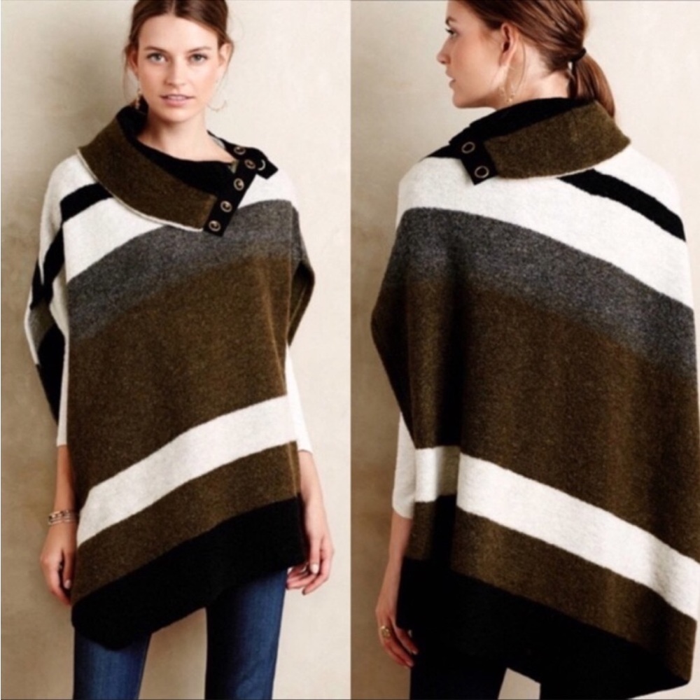 Anthropologie Tabitha Transeverse Wool Poncho in Green and Black, Size Small